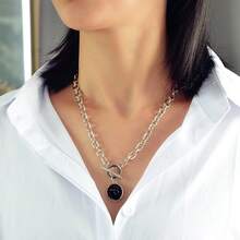 Punk Jewelry Chunky Silver Chain Black Marble Round Pendant Necklace Accessories