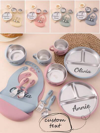 6 Peças Personalizado Personalização Nome Criança Placa de Base de Sucção Tigela de Base de Sucção Conjunto de Xícara Colher Garfo Babadores Conjuntos de Aço Inoxidável Silicone Conjuntos para Utensílios de Alimentação Autônoma de Crianças Impressão sob Demanda Itens Essenciais para Crianças, Multifuncional, Ornamental, Letra, Estiloso, Moderno, Colorido, Fofo, Adorável, Casual, Personalizado, Único, Customizado, Presentes Ideais para Ele, Presentes Ideais para Ela, Utensílios de Mesa Personalizados para Crianças, Organizador de Viagem, Aniversário