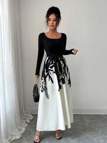 Women's Mixed Color Print Drawstring Round Neck Short/Long Sleeve Dress, Autumn Elegant - Multicolor - View 6