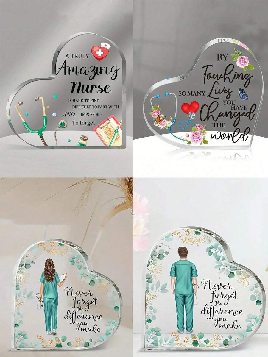 1/2 Pieces, Stethoscope Thanks Nurse For Heart-Shaped Acrylic Plaque Desktop Home Decoration (The Surface Has A Membrane That Needs To Be Tear Open), Graduation Gift For Nurse Classmates, Perfect Gift Acrylic Souvenir Decorations Suitable For Living Room, Bedroom, Office - Green - View 1