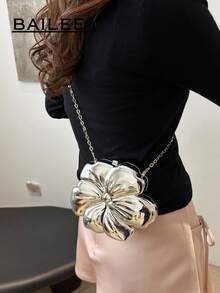 BAILEE 金属花形晚宴包舞会婚纱手提包口红零钱化妆包配饰包带金属链可斜跨前卫女士礼物 - 銀色 - 查看 5