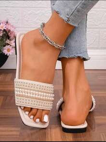 女士新款米色方头平底拖鞋，珍珠和水晶装饰，时尚优雅，百搭，适合夏季外出、约会、聚会、婚礼 - 米色 - 查看 7