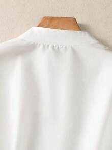 大码女式休闲纯色纽扣口袋长袖衬衫，宽松腰带上衣，适合秋冬春三季日常穿着 白色 - 白色 - 查看 8