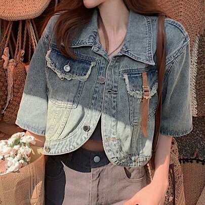 여성용 짧은 소매 프레이드 포켓 캐주얼 데님 재킷