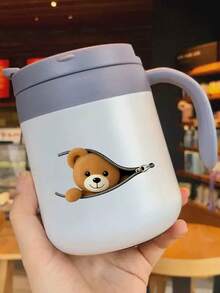 Funny Personalized Insulated Coffee Mug With Handle And Lid A Teddy Bear Peeking Through Zipper Gifts For Women And Men, White, 12 Oz - 白色 - 查看 1