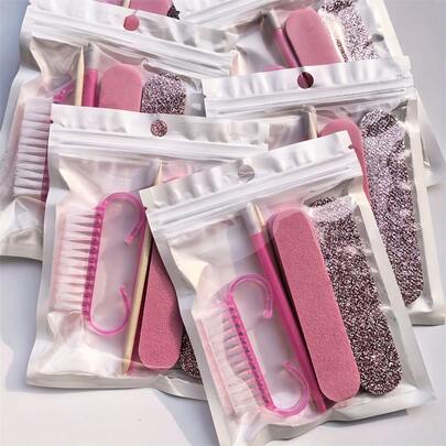 Kit de manicure e pedicure com 5 peças, incluindo mini lixa de unha, palito de unha laranja, lixa de unha descartável dupla face, empurrador de cutícula de madeira, ferramenta de limpeza de unhas, escova de unha