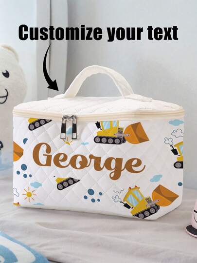 1pc Customizable Name/Text Cartoon Bulldozer Printed Portable Travel Makeup Case, Brush & Accessory Organizer Box, Large Capacity Travel Toiletry Bag, Cute & Fashionable Handheld Cosmetic Case