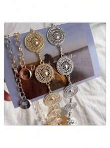 Chaîne de taille ajustable élégante de style vintage, faite à la main, ton argent, pour femmes. Avec motifs à pois et géométriques. Couleur unie, style bohème, métal texturé rond avec rivets. Convient pour le mariage, le quotidien, les fêtes, le printemps/été/automne/hiver