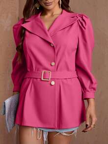 Saco blazer dama mujer cinturon ajustable manga abullonada botones metalicos casuall formal versatil comodo fresco ligero dia noche oficina moderno sofisticado elegante moderno - Rosa Fucsia - Ver 1