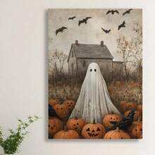 无框幽灵和南瓜万圣节艺术印刷品 - 复古鬼屋墙壁装饰，适合秋季和哥特式美学，适用于厨房浴室客厅复活节圣诞节万圣节生日派对装饰