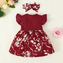 2-Piece Baby Girl Dress Set With Flowers And Plants, Batwing Sleeve Dress And Bow Headband, Ideal For Girls From 3 Months To 2 Years For Summer - 酒紅色 - 查看 6