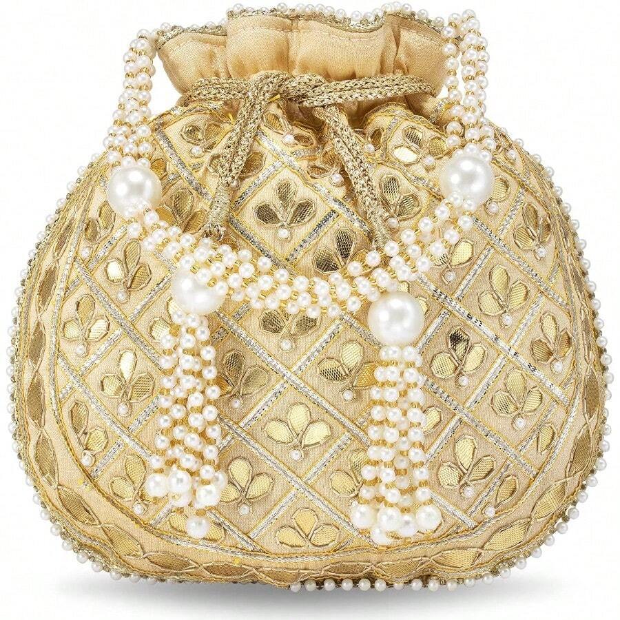 Aheli Embroidered Potli Bag Gift For Women Handmade  Purse Evening Handbags Stylish Bridal Fashion Clutch Bag-0029 - 奶油1 - 查看 1