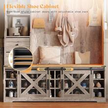7-In-1 Farmhouse Hall Tree With Bench And Shoe Cabinet, LED Entryway Organizer With 2 Drawers, 12 Shoe Cubbies, Barn Doors And 7 Coat Racks - 灰色 - 查看 7