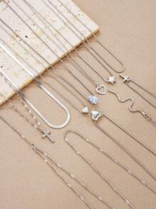 7/12pcs Fashion Minimalist Heart, Star, Snake, Cross, Butterfly Rhinestone Pendant Necklace Set, Gift For Women, Suitable For Date, Vacation, Party, Daily Wear