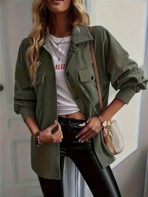 Elegant Women's Olive Green Corduroy Jacket - Vintage Style Long Sleeve Button-Up Jacket With Chest Pockets, Suitable For Autumn/Winter
