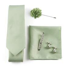 ZONFAZ 5pcs/Set Men's Business Fashion Wedding/Party Preferred Necktie, Handkerchief, Cufflinks, Boutonniere, Tie Clip Accessory Set - Mint Green - View 3