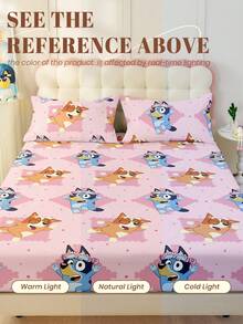 Bluey 1件蓝色小矮人图案床笠，蓝色小矮人图案床垫保护套，舒适床上用品，透气，抗起球，卡通床罩，家居装饰，适用于所有床型 - 单人床、双人床、大号床、特大号床，四季皆宜，可机洗，防尘防滑，不含枕头和枕套，节日礼物，秋季装饰，房间装饰 - 粉色 - 查看 8
