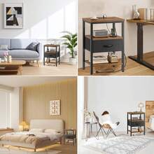 Mesita de Noche con Estación de Carga,Mesita de Noche Vintage para Recámara con 1 Cajones,Mesa de Noche para Recámara con 2 Enchufes y 2 USB,Patas Ajustables,Mesa Auxiliar,Buro para Dormitorio y Sálon - Marrón - Ver 8