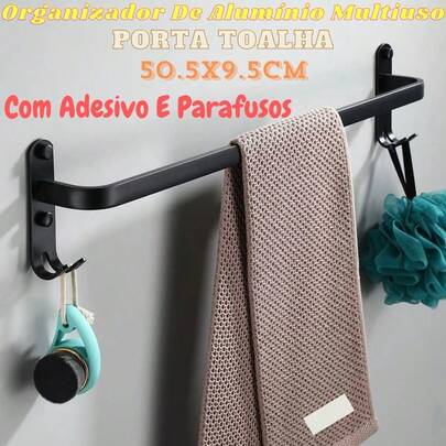 Organizador De Alumínio Multiuso Porta Toalha Suporte Toalheiro Banheiro 50.5x9.5 Preto Com Adesivo
