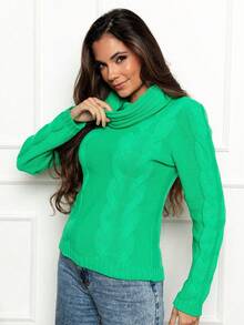 Blusa De Tricot Gola Boba gola Alta Blogueira Tranças Inverno - Verde - Visão 5