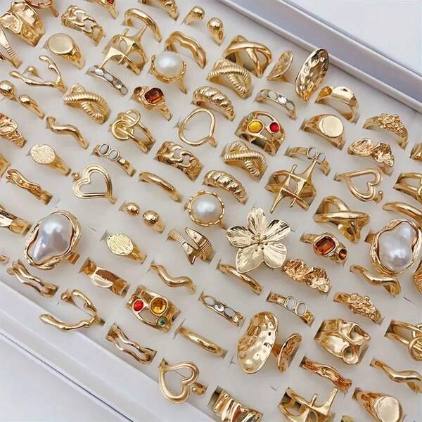 20pcs/Pack Exaggerated Flower Asymmetrical Shaped Alloy Women's Rings Set, Vintage Elegant Faux Pearl Mixed Styles Open Ring Party Wedding Daily Finger Accessories Fashion Jewelry Best Gift, Randomly Shipped