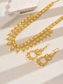 5件套复古多层镂空几何流苏项链、耳环、戒指、手链首饰套装，夸张纹理，适合婚礼/派对佩戴 - 金色 - 查看 8