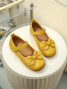 1 Pair Yellow Bow Girls' Shoes With PU Bound Toe, Adjustable Hook-And-Loop Design, Round Toe, TPR Non-Slip Sole, Comfortable & Lightweight, Solid Color, Suitable For 5-14 Years Old Girls, Campus, Activities, Formal Occasions And Daily Wear - Yellow - View 2