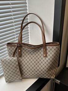 Bolso clásico y elegante tipo tote con billetera larga, bolso de mujer con textura elegante, regalo del Día de San Valentín - Caqui - Ver 1