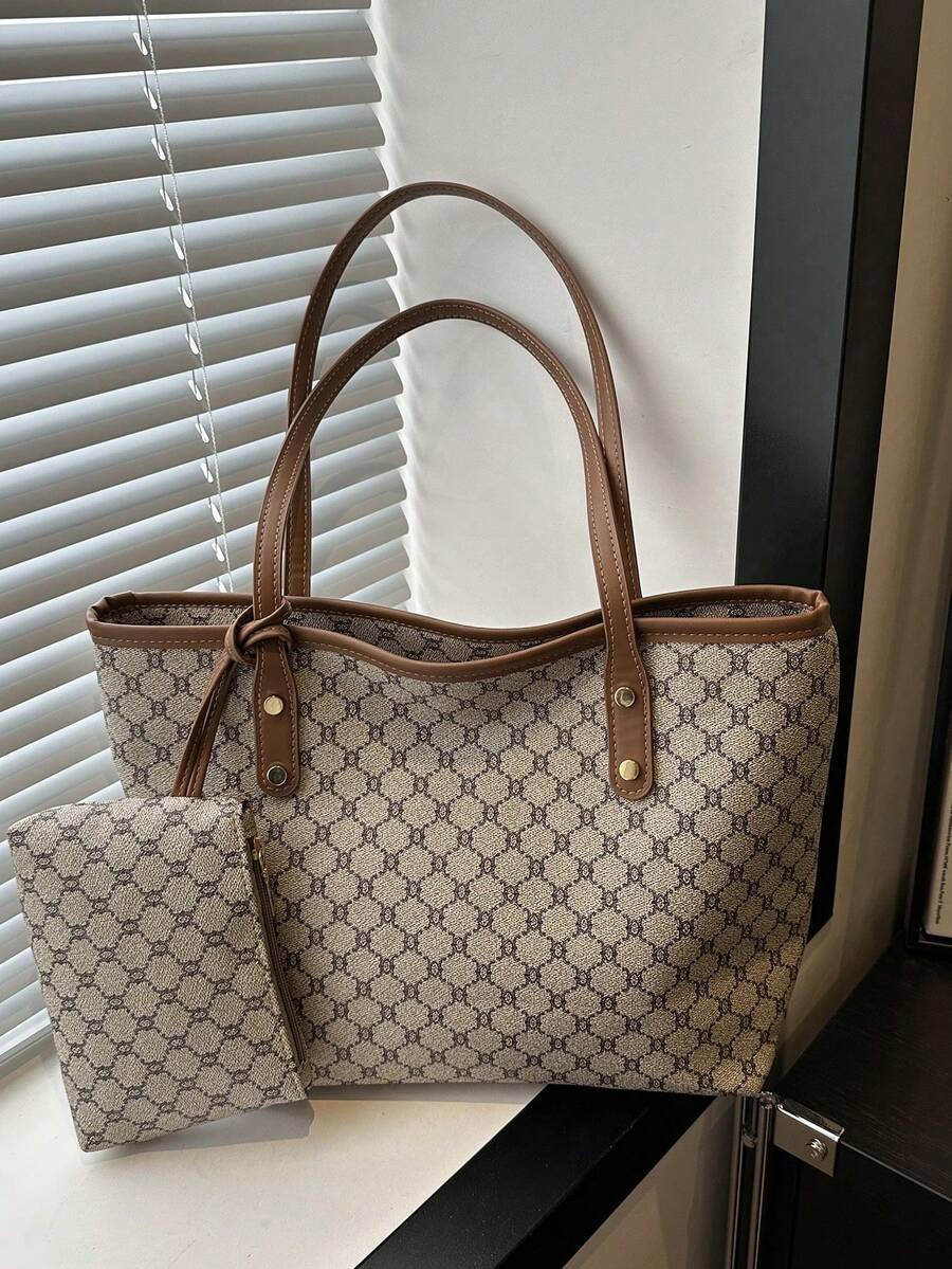 Bolso clásico y elegante tipo tote con billetera larga, bolso de mujer con textura elegante, regalo del Día de San Valentín - Caqui - Ver 1