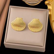 1 Pair Stainless Steel Golden Fashionable Minimalist Tropical Island Sea Shell Earrings, Suitable For Women's Summer Dates, Parties, Vacations