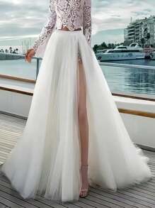 1pc Women's Split Mesh Skirt, High Waist, Tiered, Beach Dress, Sheer, Exported, Spring/Summer Fall Clothes For Women