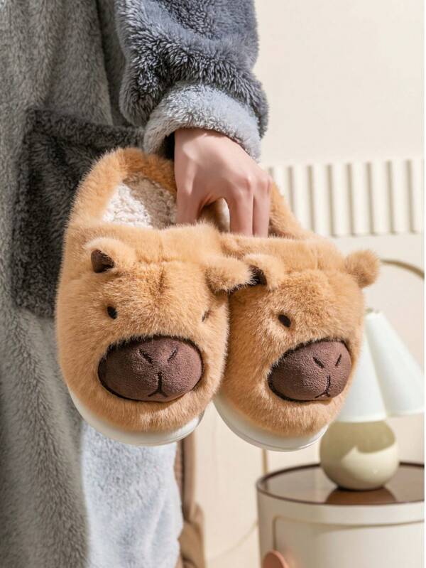 Cartoon Capybara Herren Hausschuhe für Herbst/Winter, mit Fleece gefüttert, dick und flauschig, warm und bequem für Paar