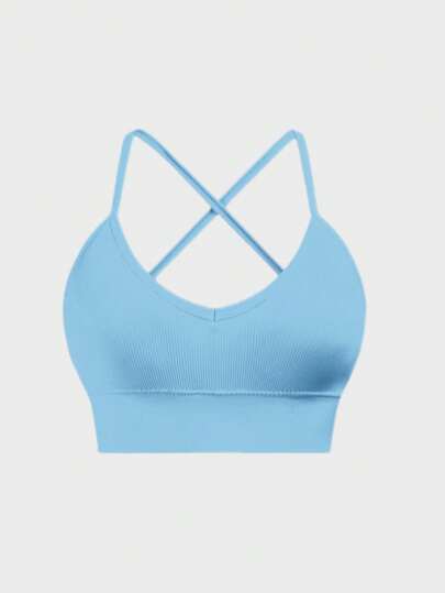 Piece Seamless Knit Ribbed Verleidelijke Bra, Wireless Cross Strap Backless Sports BH view 8