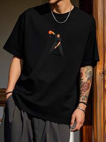 100% Cotton Unisex T-Shirt Short Sleeve Summer Vest 200g Cotton Comfortable Breathable Funny T-Shirt Men's Stylish And Casual Print Fashion Casual Outdoor Sports Fitness Tops Holiday Gift - 黑色 - 查看 1