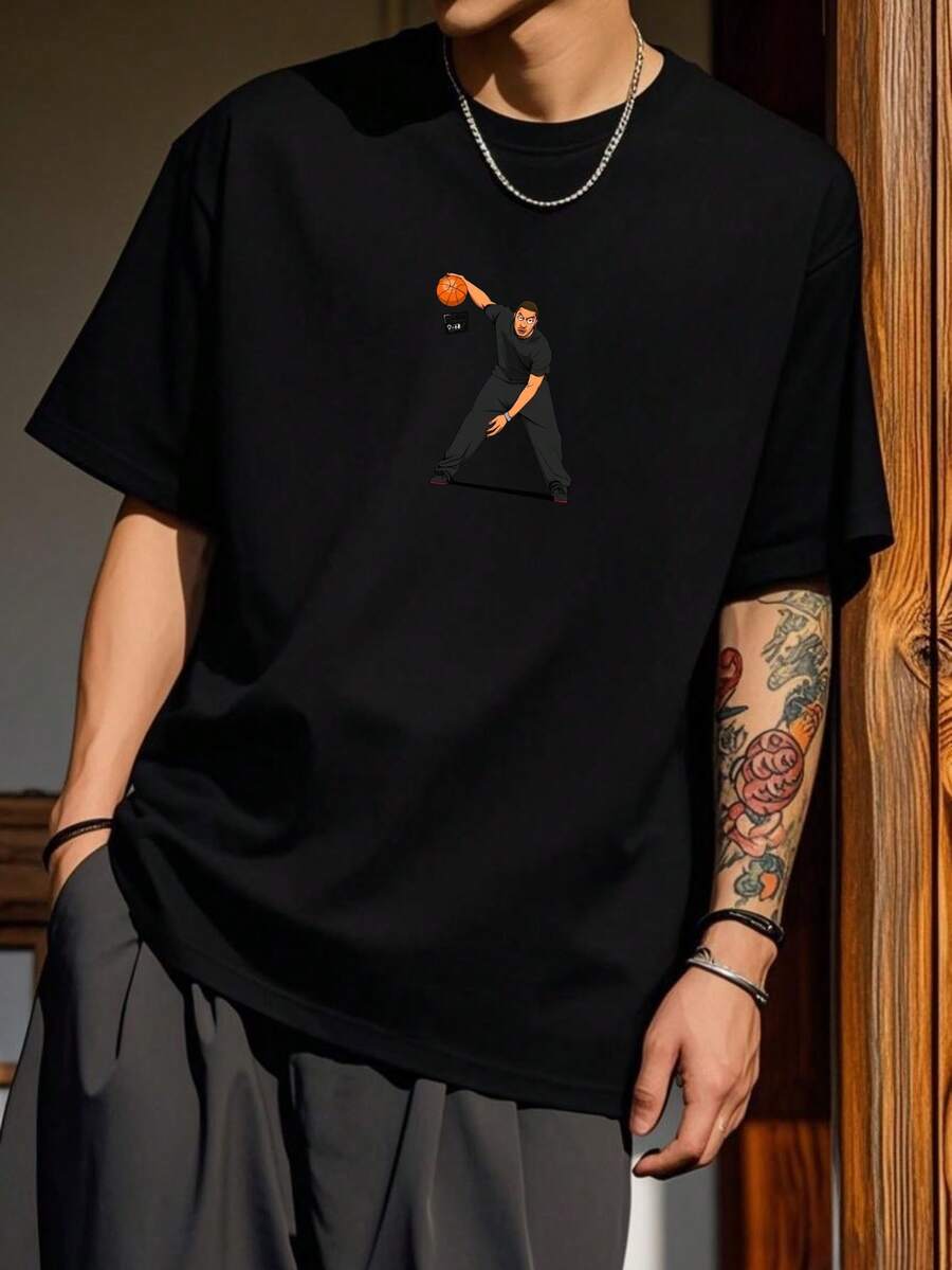 100% Cotton Unisex T-Shirt Short Sleeve Summer Vest 200g Cotton Comfortable Breathable Funny T-Shirt Men's Stylish And Casual Print Fashion Casual Outdoor Sports Fitness Tops Holiday Gift - 黑色 - 查看 1