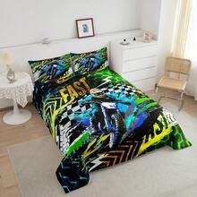 2/3Pcs Dirt Bike Comforter Set, Motocross Rider Comforter, Extreme Sports Motorbike Motorcycle Bedding Set, Sports Competition Duvet Set, Hexagonal Decor Quilt Set, Room Decor, All Season Soft Warm, Festival Birthday Gifts Decoration Ornaments - Multicolor - View 3