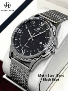Pablo Raez 1 pieza Reloj vintage de hombre de color negro y plateado, resistente a la corrosión, de acero inoxidable de lujo, resistente al agua hasta 50M, con movimiento de cuarzo, accesorio de verano para hombre