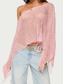 Women's Off-Shoulder Lightweight Crocheted Lace Mesh Tassel Cover-Up – Effortlessly Chic With Breathable Mesh  Flowing Tassels For Beach, Street, Or Casual Outings - 粉色 - 查看 3