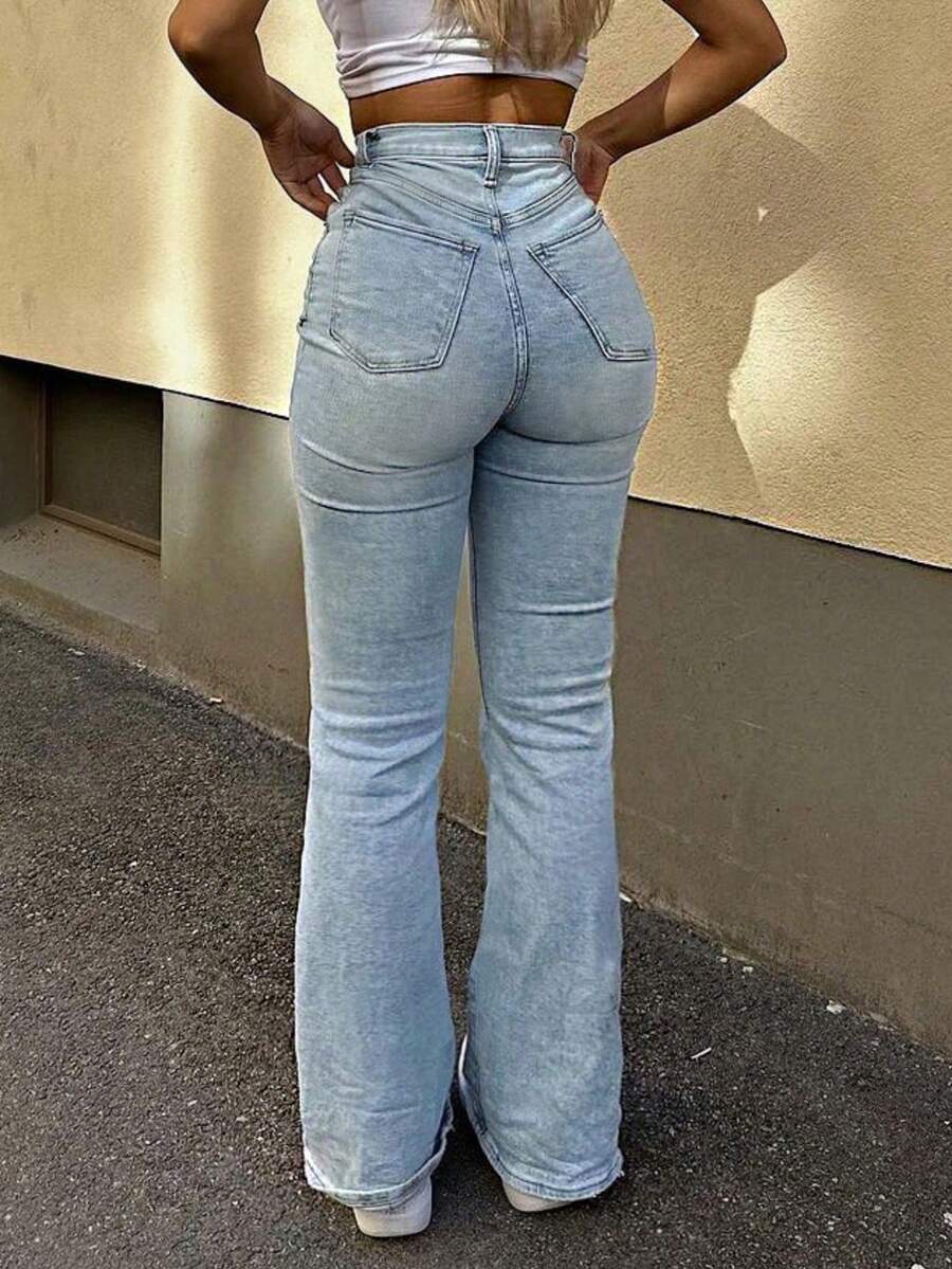 Vaqueros de corte bota para mujer, color liso, cintura alta, ajustados, elásticos, informales, versátiles - Lavado ligero - Ver 1