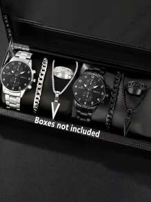 8 pièces/ensemble Montre à quartz mode affaires pour hommes, cadran rond minimaliste, bracelet en alliage de zinc, bague, collier pendentif - convient pour le port quotidien, anniversaire, fête, Ramadan, Nouvel An, Halloween, Pâques, Saint-Valentin, Aïd al-Fitr, accessoires de montre