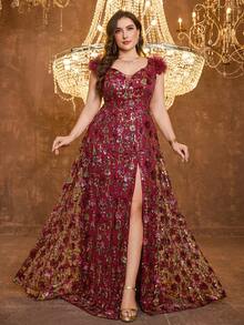 SUPGIR Plus Women's [Random Print] Sweetheart Neckline Backless Slim-Fitting Sequin Patchwork Slit Evening Dress - Burgundy - View 5