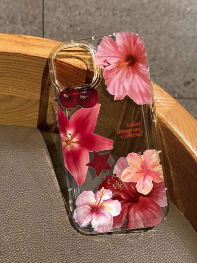 Cherry & Flower Print Clear Case Compatible With Apple Phone 16/11/12/13/14/15/15pro/15 Plus/15 Promax/7plus/8plus/X/Xs Max/Xr/11pro/12pro/13pro/14pro/12mini/13mini/11promax/12promax/13promax/14promax/14plus/6/6s/6plus/7/8/16Pro/16plus/16promax/Se&Galaxy/A54/A14/A12/A13/A15/A32/A33/A24/A52S/S20/S21/S22/S23/S24/S23Plus/S24ultra