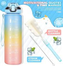 1L Bottle With Straw,Bottle Dishwasher ,Leak-Proof Sports Drinks Bottle With Maker & Bottle Brush,Running,Cycling, Gym, School & Office,Black - 藍色漸變 - 查看 2