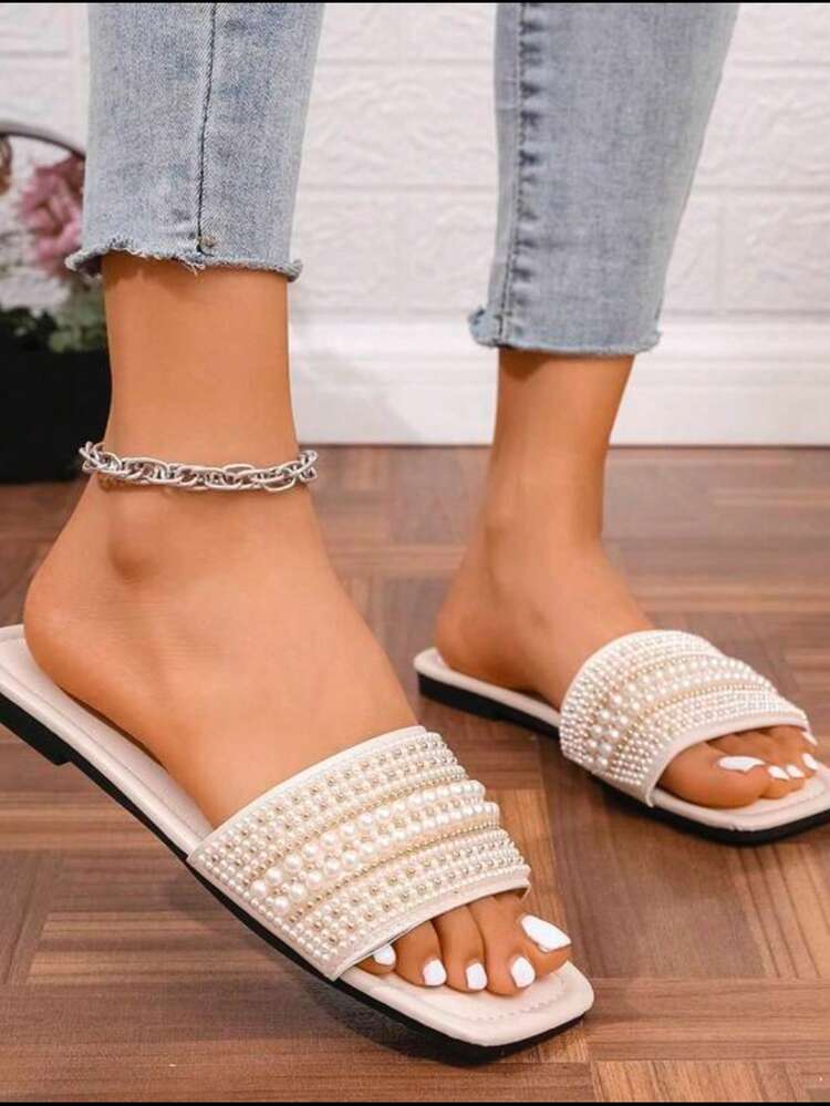 女士新款米色方头平底拖鞋，珍珠和水晶装饰，时尚优雅，百搭，适合夏季外出、约会、聚会、婚礼 - 米色 - 查看 7