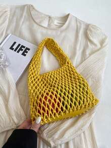 1 pieza Bolsa de malla de poliéster con base de punto de unicolor, ligera, espaciosa, diseño lindo y elegante, adecuada para mujeres, estudiantes, maestros como regalo, uso diario, viajes, todo el año - Amarillo - Ver 10