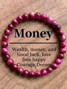 6毫米天然粉红虎眼石珠手工手链，招财进宝，时尚腕饰 | 朋友鼓励合成宝石配饰 - 玫紅色 - 查看 1