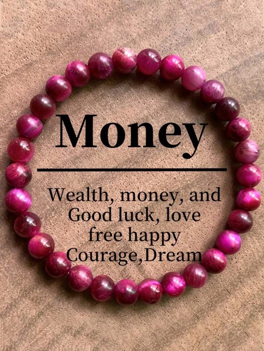 6毫米天然粉红虎眼石珠手工手链，招财进宝，时尚腕饰 | 朋友鼓励合成宝石配饰 - 玫紅色 - 查看 1