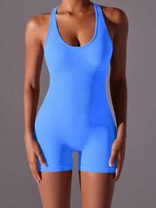 Yefecy Yoga Basic Solid Rib-Knit Seamless Sports Romper,Ribbed Solid Color Fashion Sports Jumpsuit,High Elastic Yoga Bodysuit,Women's Activewear,Spring And Summer Shapewear Bodysuit - 淺藍色 - 查看 5