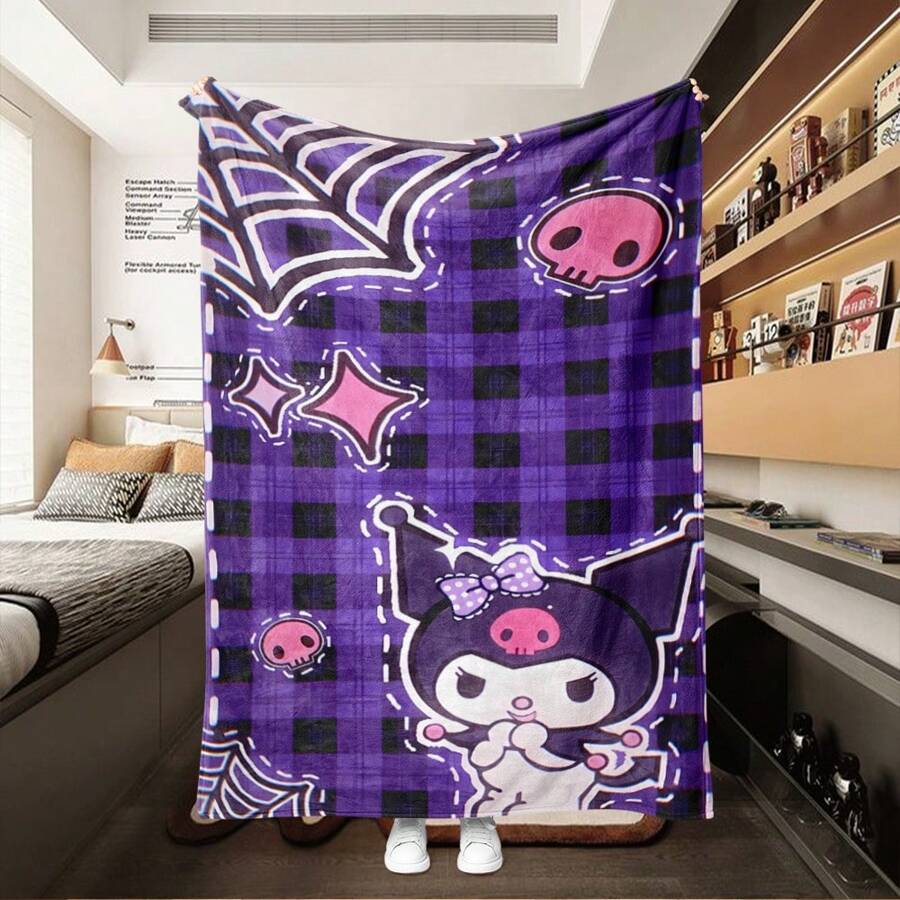 1 件 Sanrio Kuromi 图案柔软毛绒印花法兰绒毯，万圣节骷髅盖毯，适合床、沙发、办公室、露营 - 所有季节，送给家人和朋友的完美万圣节礼物，办公室膝毯 | 卧室装饰 | 蓬松涤纶，格纹设计，紫色盖毯 - 彩色 - 查看 1