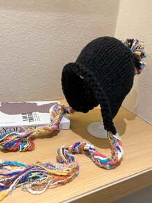 1pc Women's Winter Handmade Tassel Knit Hat, Autumn & Winter Warm Ear Protection Fashionable Beanie, Suitable For Daily Wear, Shopping And Skiing